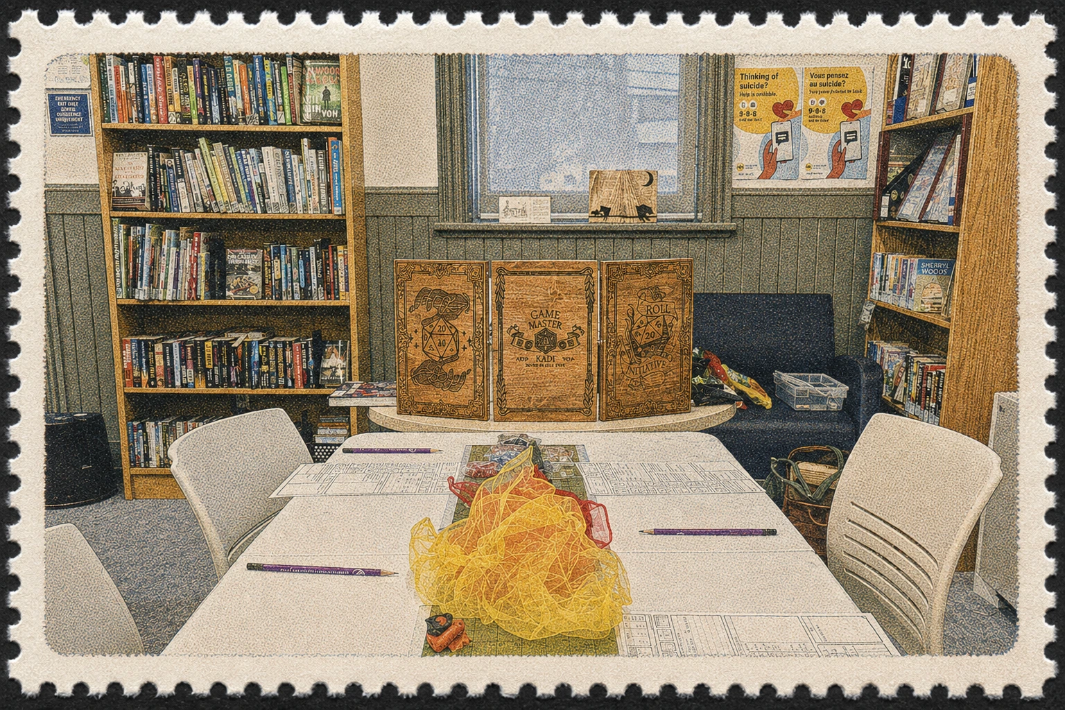 Tabletop roleplaying game in a library setting